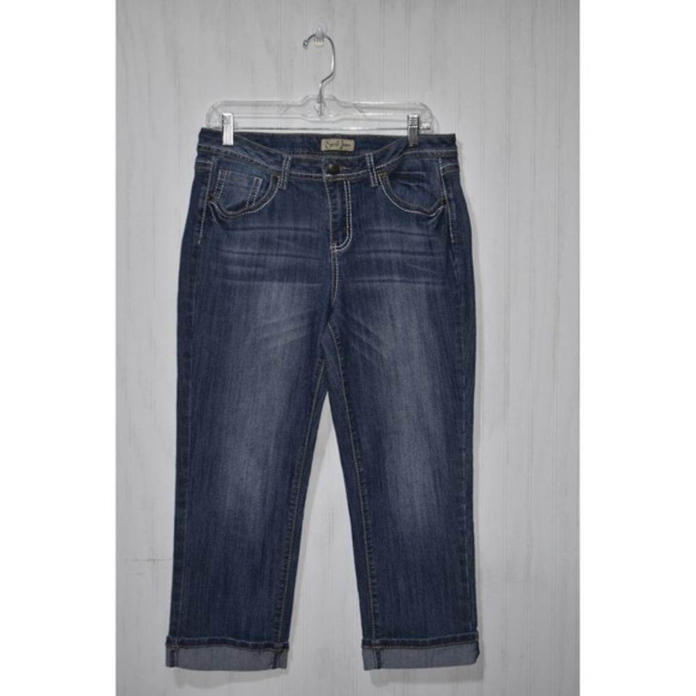 Earl Jeans Capri Jeans Denim Blue White‎ Stitch Cuffed Hem Women's Size